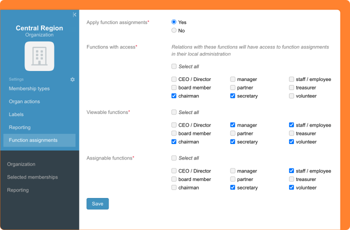 Screenshot of function assignments within Local Administration