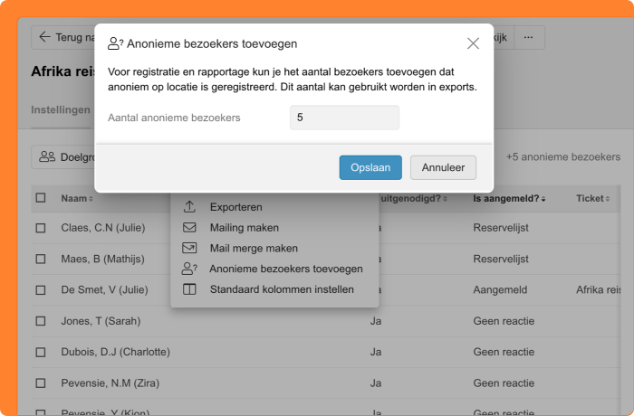 Schermafbeelding van het achteraf toevoegen van anonieme deelnemers