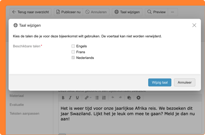 Schermafbeelding van het bewerken van de beschikbare talen bij een bijeenkomst