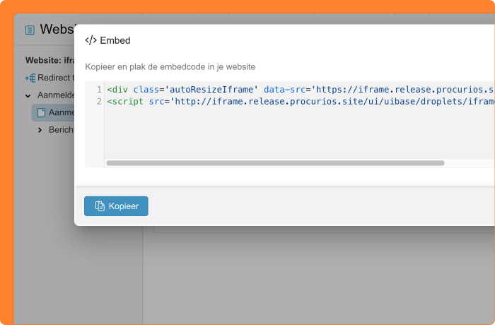 Schermafbeelding van de embed-code voor iframes in Procurios