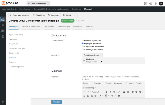 Meetings & Events: weergave van Materialen beperken tot relatielijsten