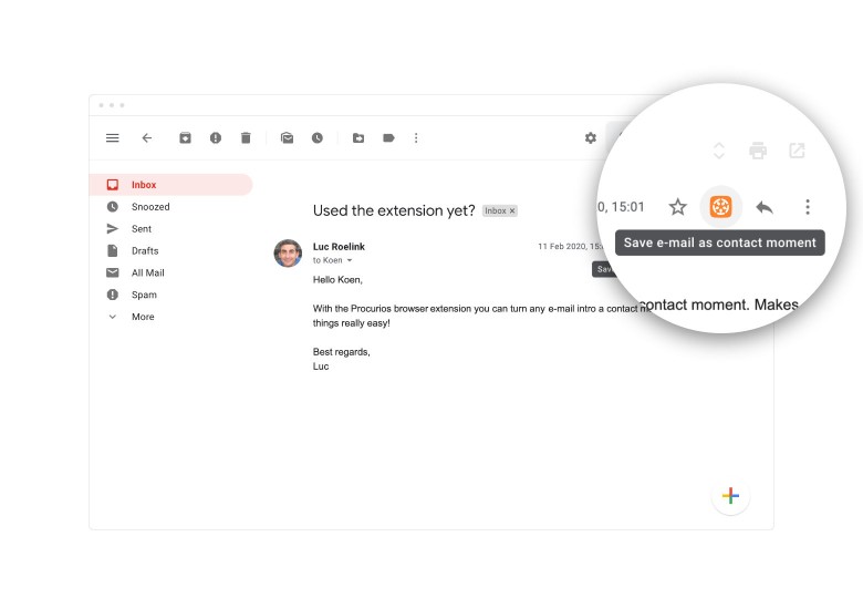 Screenshot of where contact moments are placed in the Gmail interface