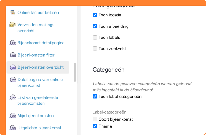 Schermafbeelding van label-categorieën instellen in het bijeenkomstenoverzicht