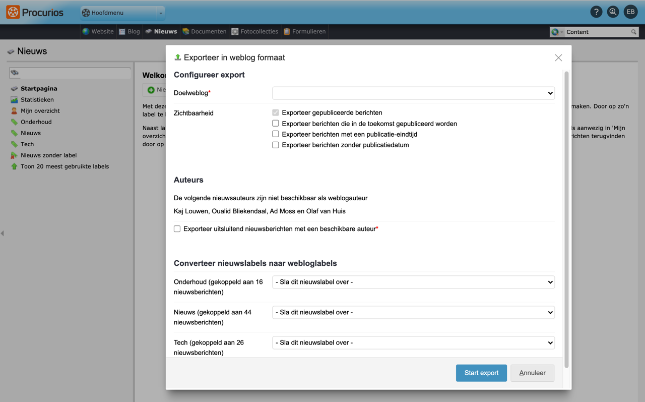 Export weblog - configuratie