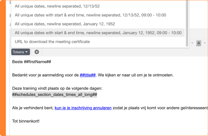 Schermafbeelding van het toevoegen van programmadatums en tijden aan de e-mail communicatie