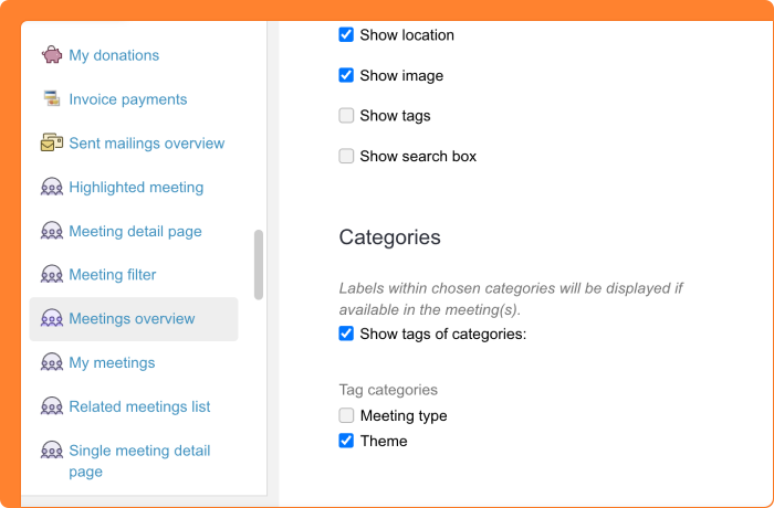 Screenshot of showing tags of categories in meetings overview