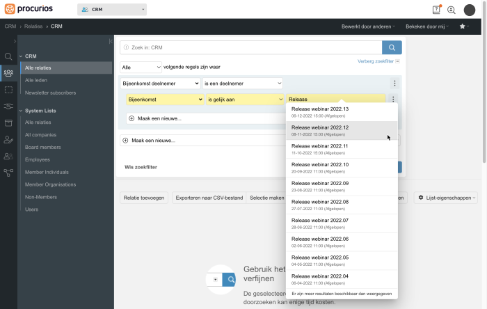 Schermafbeelding van zoeken naar bijeenkomsten in het CRM van Procurios