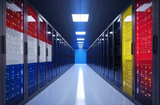 Afbeelding van een datacenter waarbij de serverkasten zijn ingekleurd met de kleuren van de Nederlandse en Belgische vlag.