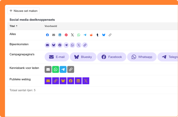 Schermafbeelding van de social media deelknoppen sets
