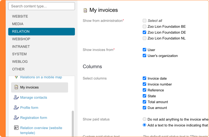 Screenshot of selecting multiple administrations in the 'My invoices' article