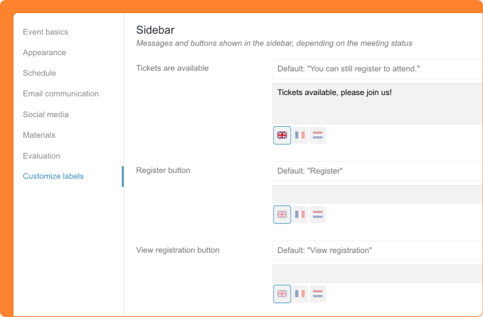Screenshot of custom terminology for registration