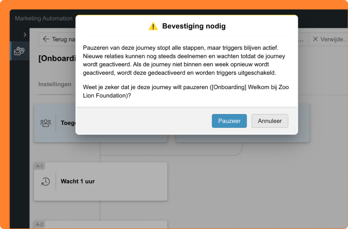 Schermafbeelding van het pauzeren van een journey