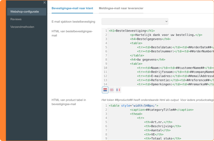 Schermafbeelding van het instellen van adrestokens voor de webshop e-mails