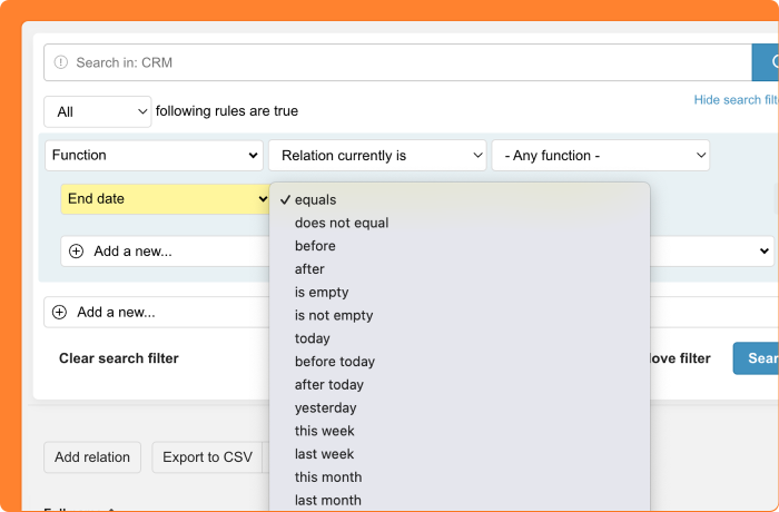 Screenshot of the extended filter options for Functions