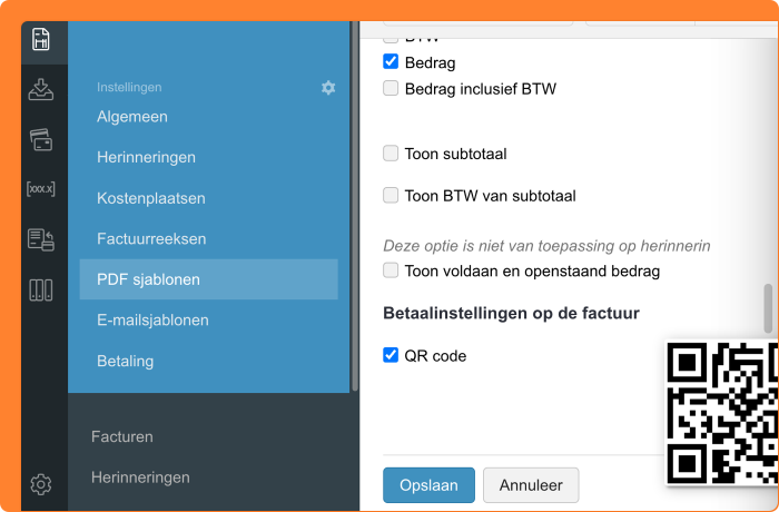 Schermafbeelding van het configureren van een qr-code op de factuur