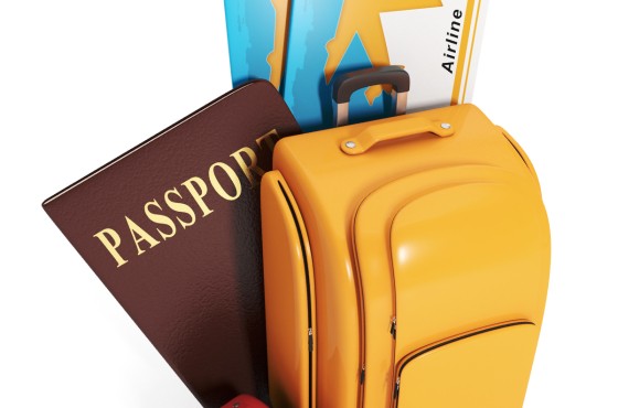 Sign trip. Illustration of a group of suitcases and a plane ticket, summer vacation and travel