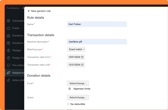 Screenshot of applying a generic rule for donations
