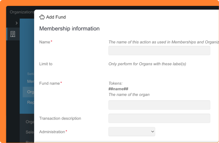 Screenshot of adding a fund to an organ