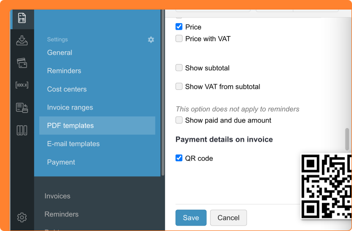 Screenshot of configuring to show a QR code on the invoice