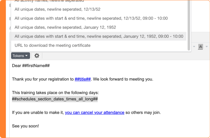 Screenshot of using program date tokens in your email communication