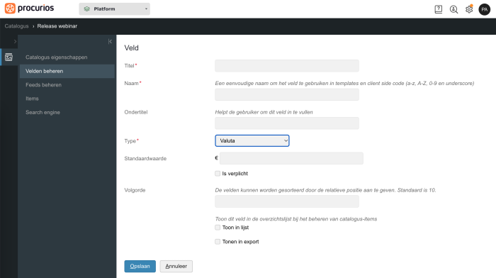 NL - Valuta veld in catalogus