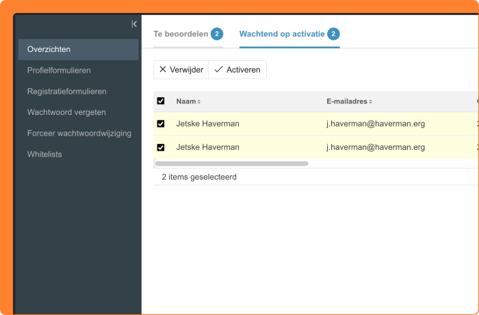 Schermafbeelding van het activeren van registraties met bulkbewerking