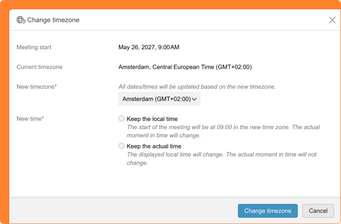 Screenshot of setting the timezone of a meeting