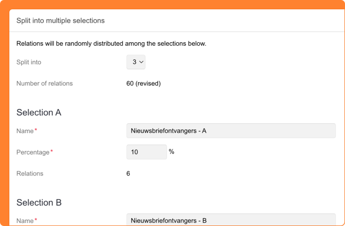 Screenshot of splitting selections for use in campaigns