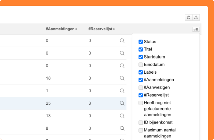 Schermafbeelding van de kolom #Reservelijst in het bijeenkomstenoverzicht