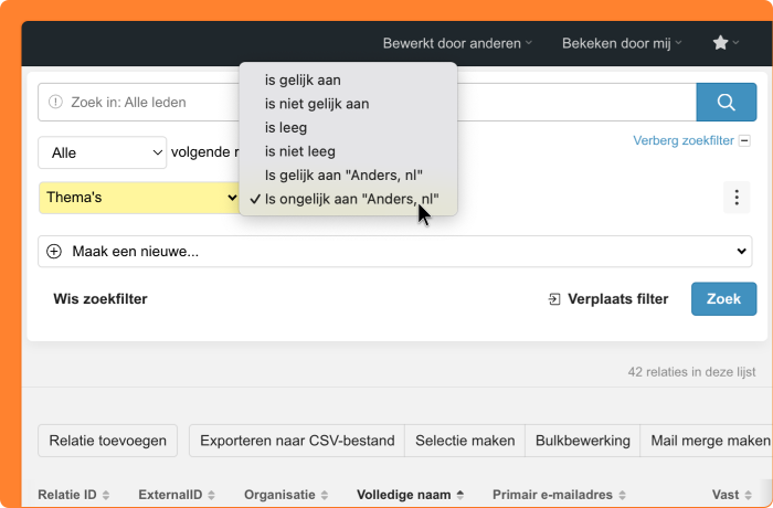 Schermafbeelding van het filteren op 'Is ongelijk aan "Anders, nl"'