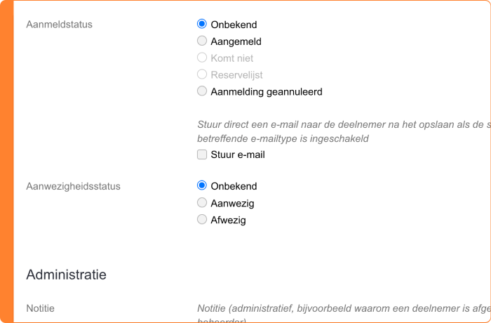 De statussen 'Komt niet' en 'Reservelijst' zijn niet beschikbaar, omdat de bijeenkomst dit niet heeft ingesteld staan