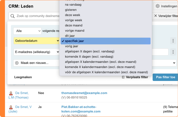 Schermafbeelding van het zoeken op een specifiek jaar