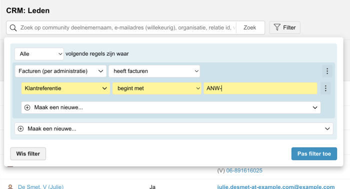 Schermafbeelding van filteren op klantreferentie