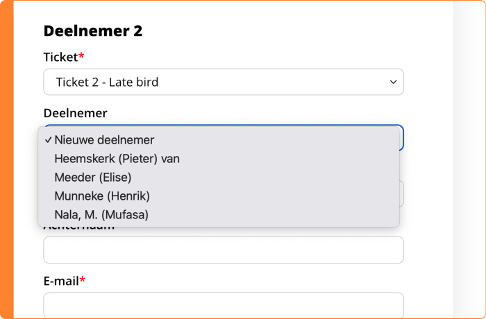 Schermafbeelding van het registreren van bestaande relaties voor een event in Procurios