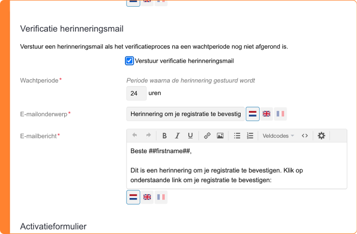 Schermafbeelding van het herinneren van de verificatie bij registratie