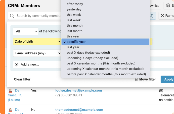 Screenshot of filtering by a specific year