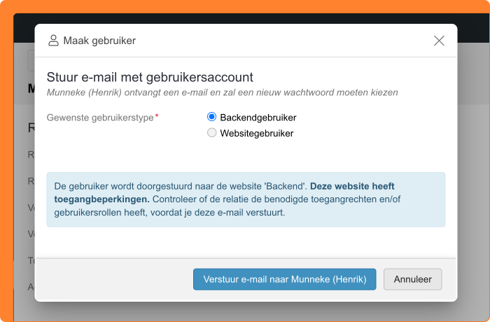 Schermafbeelding van Maak Gebruiker-venster in Procurios
