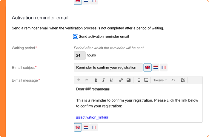 Screenshot of sending a reminder for activation of a registration
