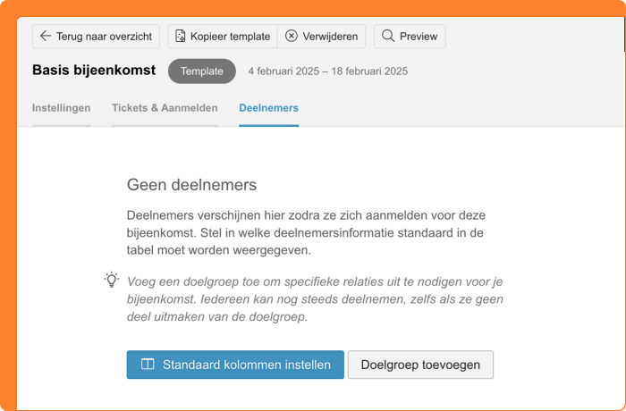 Schermafbeelding van het instellen van standaard kolommen bij meeting templates