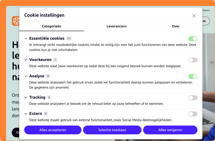 Schermafbeelding van de pop-up cookie instellingen