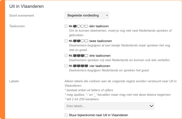 Schermafbeelding van taaliconen en labels voor de API voor Uit in Vlaanderen