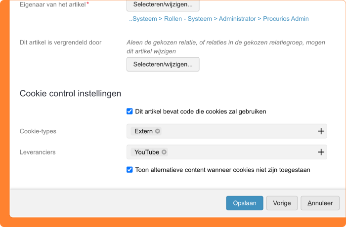 Schermafbeelding van het gebruik van cookies in artikelen