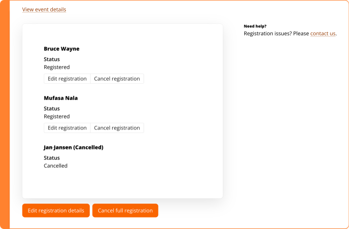Screenshot of managing group registrations