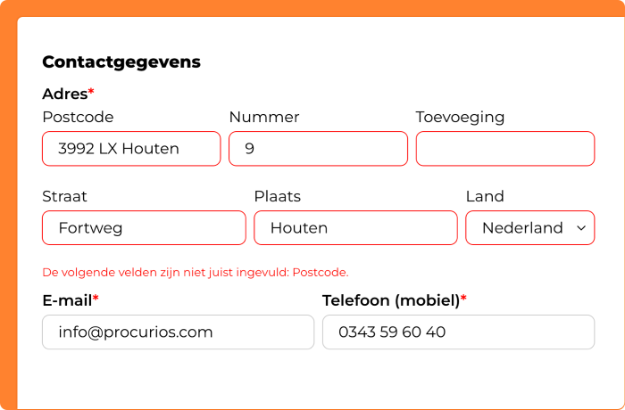 Schermafbeelding van postcodevalidatie in Procurios