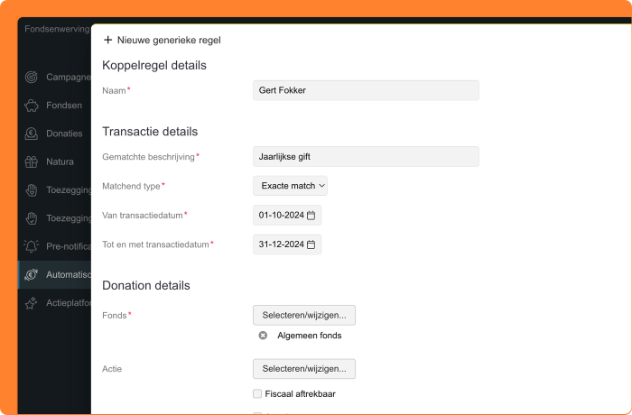 Schermafbeelding van het instellen van donaties op basis van generieke regels
