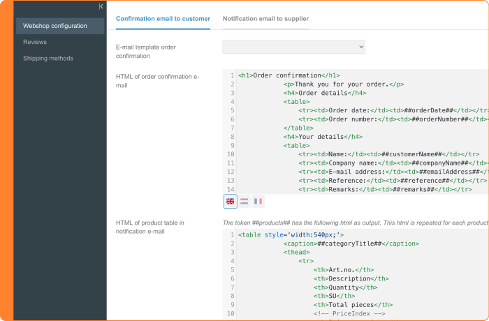 Screenshot of selecting address tokens for webshop emails
