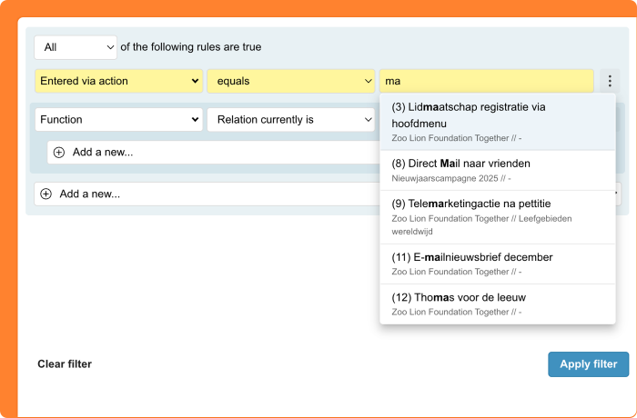 Screenshot of searching through option lists
