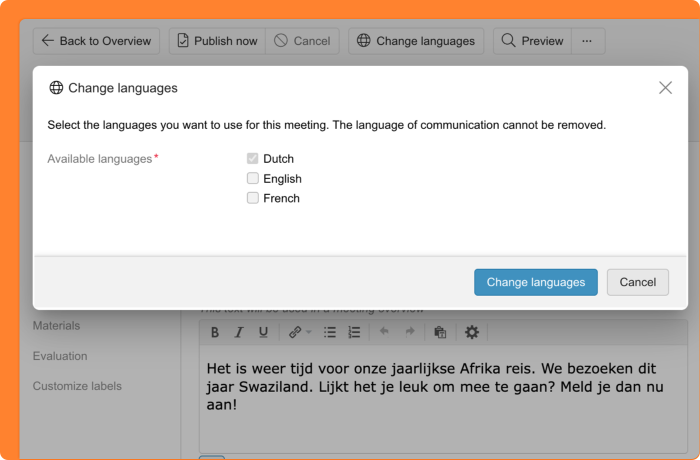 Screenshot of managing the languages for your meeting