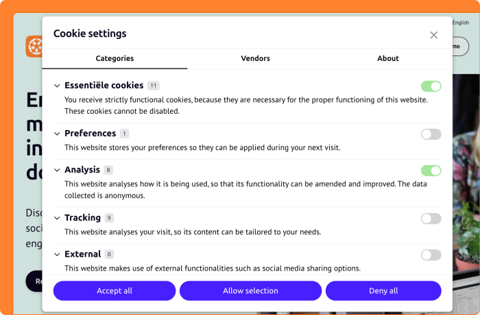 Screenshot of cookie settings pop-up
