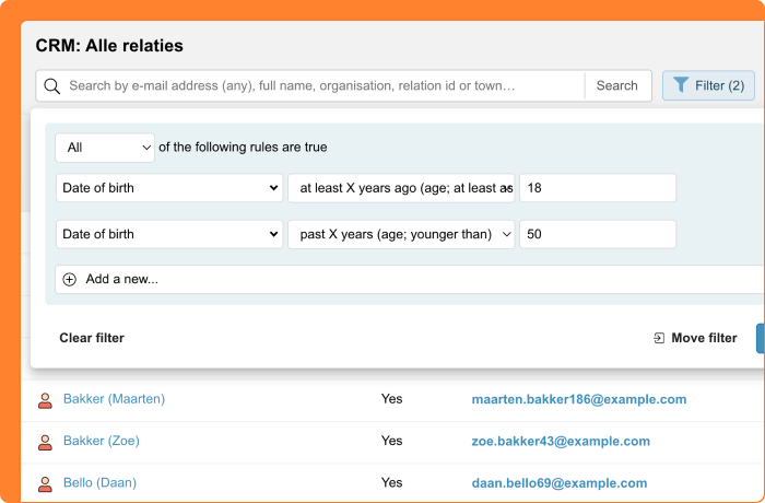 Screenshot of filtering by age in the CRM